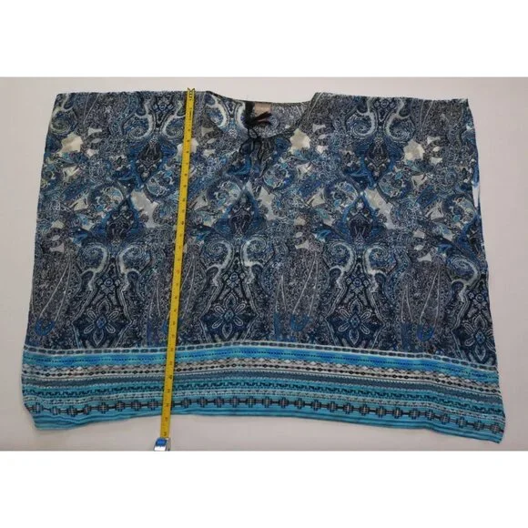 Chicos Blue Paisley Sheer Boho Blouse Size S M Tassel Tie Top Katran - Picture 5 of 11